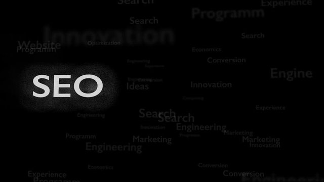 Black background with different words, which deal with Search Engine Optimization. The bold shimering word is situated on the left side of composition. Close up. Copy space. 3D. Animatiom. 4K.