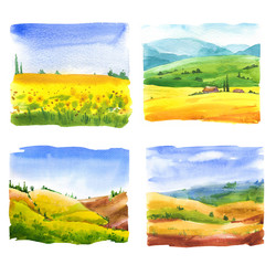 Set of watercolor illustration with landscape fields. Nature background. Organic farms. Eco growing. Agriculture.