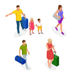 Isometric people with travel bag traveling on vacation. Character set. Active recreation, hiking and adventures.