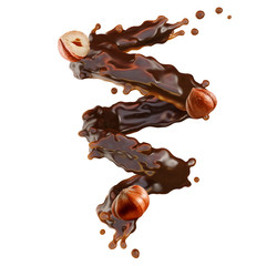 Dripping melted dark chocolate or chocolate syrup in the form of swirl with haselnuts, isolated. Chocolate drops and nuts liquid swirl splash design advertising element.  3D render