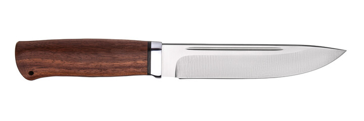 Hunting knife with wooden handle. Isolated on white back.