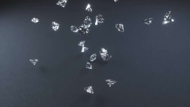 3D render, diamonds falling and beat on the gray texture surface in slow motion