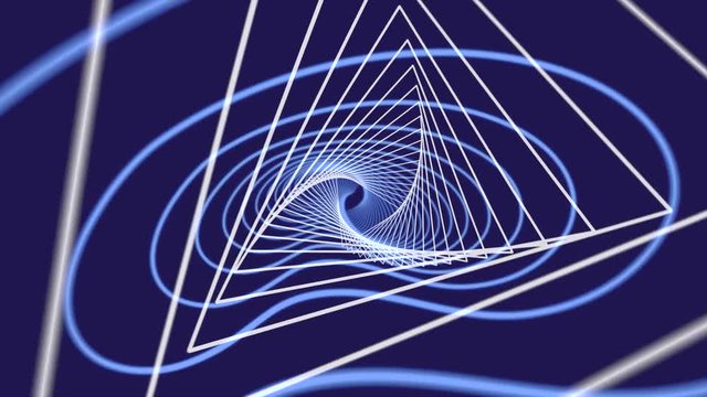 Abstract narrow white lines forming triangles tunnel on dark blue background. Animation. White and blue animation of many narrow lines and waves.