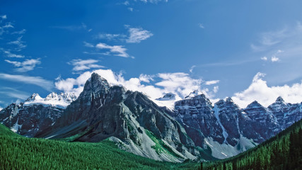 Mountain peaks of the Bow Range rise above the Valley of the Ten Peaks, Banff National Park, Canada