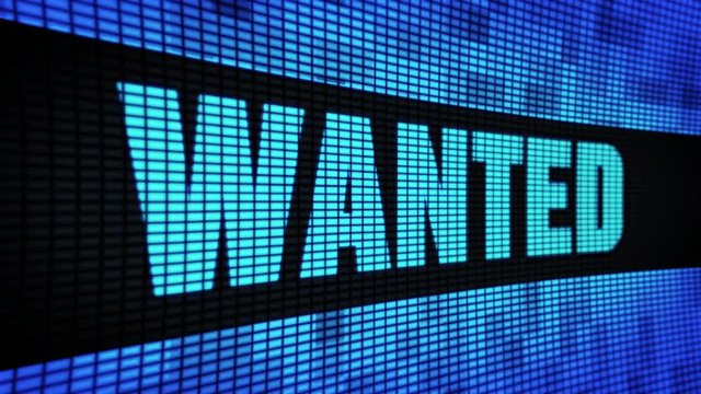 Wanted Side Text Scrolling on Light Blue Digital LED Display Board Pixel Light Screen Looped Animation 4K Background. Sign Board , Blinking Light, Pixel Monitor . LED Wall Pannel