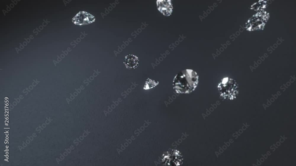 Poster 3d render, diamonds falling and beat on the gray texture surface in slow motion