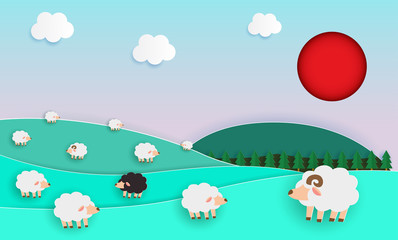 PrintHerd of sheep on green pasture, Paper cut Style, elements of farming landscapes with sheep and natural pastel color scheme background flat design vector illustration 