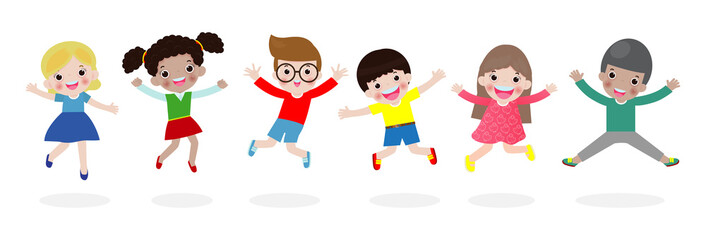 PrintKids jumping on the park, children jump with joy, happy cartoon child playing on the playground, isolated on white background Vector Illustration