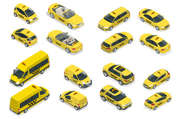 Isometric flat high quality city service transport icon set. Car taxi. Build your own world web infographic collection. Taxi branding mockup.