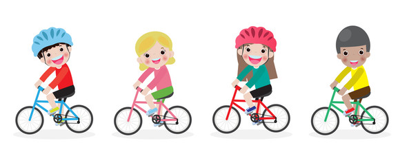 Happy kids on bicycles, Children riding bike,Kids riding bikes, Child riding bike, child on bicycle vector on white background,Illustration of a group of kids biking on a white backgroun