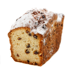 traditional cake with raisins on a white background