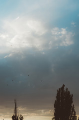 Landscape with dramatic light - beautiful golden sunset with saturated sky and clouds.