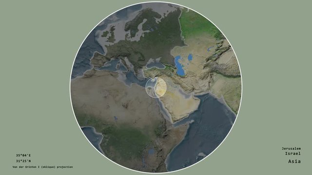 Israel and its capital circled and zoomed on the global satellite map in the van der Grinten I projection with animated oblique transformation. Animation 3D