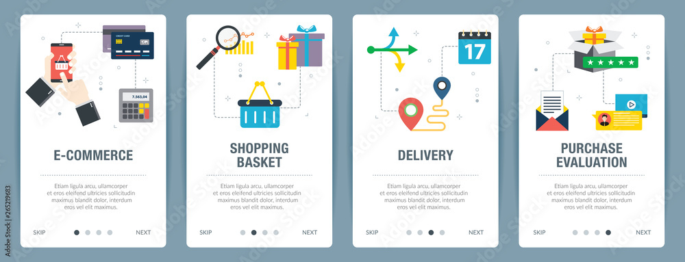 Poster vector set of vertical web banners with e-commerce, shopping basket, delivery and purchase evalualit