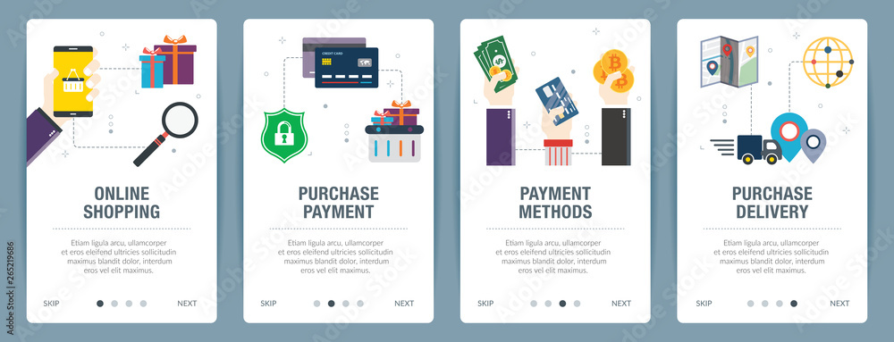 Poster vector set of vertical web banners with online shopping, purchase payment, payment methods, purchase