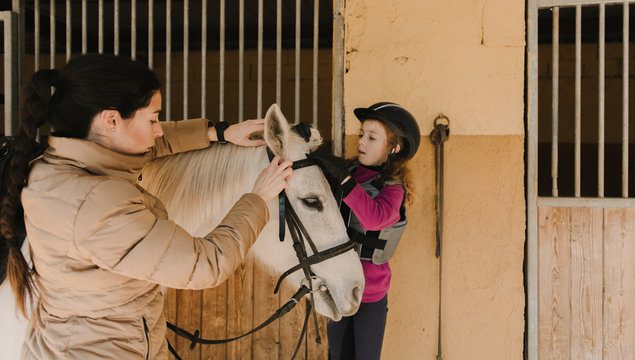 Pretty young female and cute little girl in helmet putting bridle on white horse while standing near stalls in stable during horseback riding lesson on ranch
