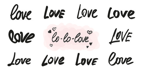 Love lettering vector overlay set. Handwritten words in different graphic styles