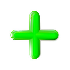 Glossy 3D isolated mathematical plus sign icon. Symbol green. Ui, ad. Design realistic plastic toy. Balance concept pluses on light background.