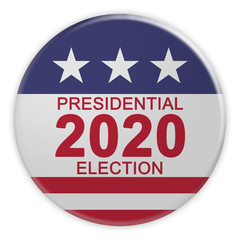 USA Politics News Badge: 2020 Presidential Election Button With US Flag, 3d illustration Isolated On White Background