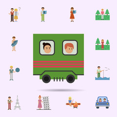 Fototapeta na wymiar Train, woman, man cartoon icon. Universal set of travel for website design and development, app development