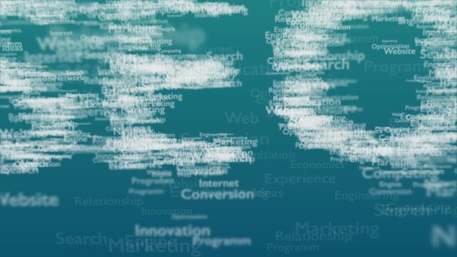 Light blue background with different words, which deal with Search Engine Optimization. Close up. Copy space. 3D. Animatiom. 4K.