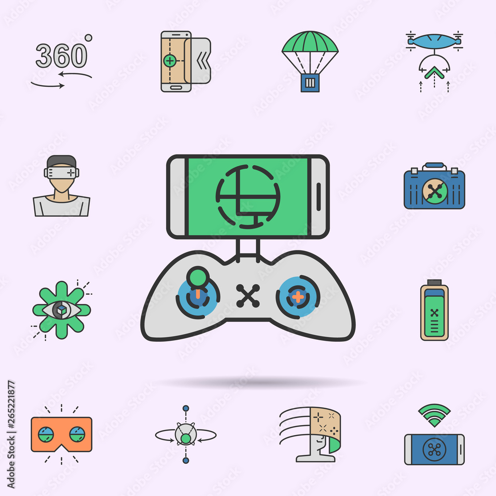 Poster drone control mobile colored neon icon. elements of virtual reality set. simple icon for websites, w