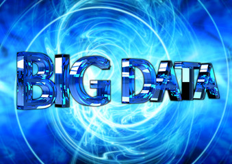 Big Data text, poster, conceptual on abstract blue background with waves of energy spread