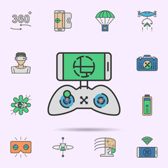 Drone control mobile colored neon icon. Elements of virtual reality set. Simple icon for websites, web design, mobile app, info graphics