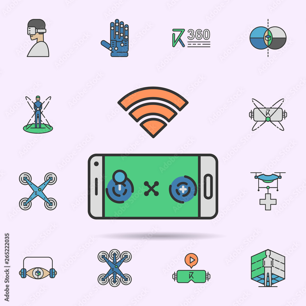 Poster mobile control drone colored neon icon. elements of virtual reality set. simple icon for websites, w