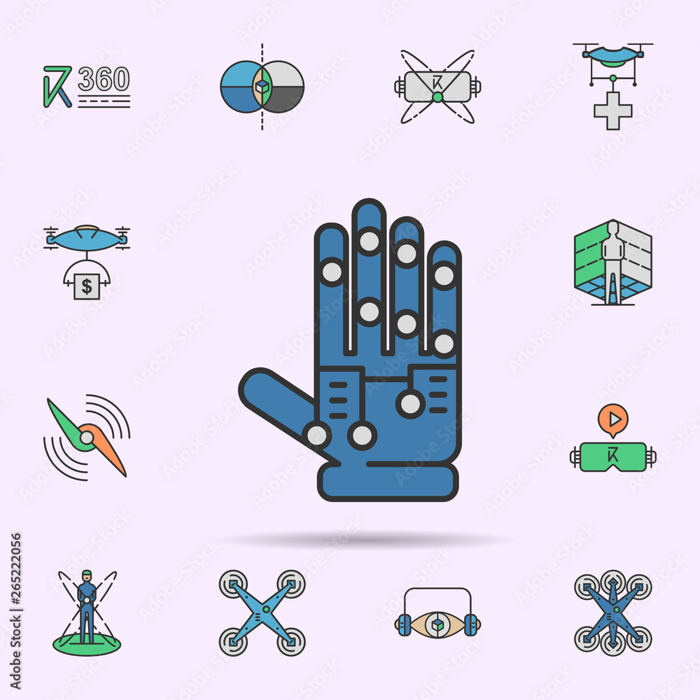 Poster robotic hand virtual reality colored neon icon. elements of virtual reality set. simple icon for web