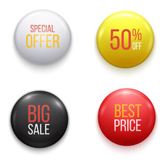 Realistic glossy sale buttons or badges. Product promotions.