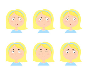 Fototapeta premium Girl with different expressions. Emotion face icons. Vector illustration in cartoon style isolated on white background