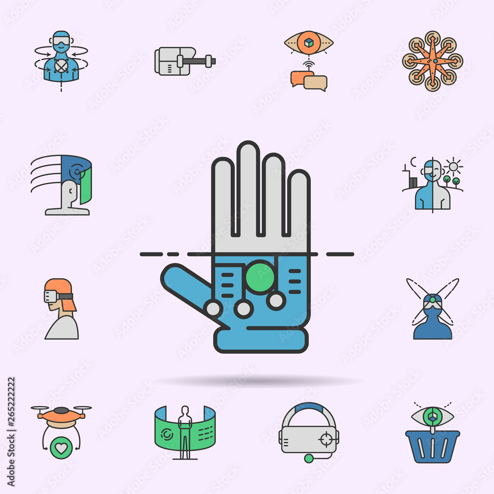 Poster virtual reality robotic hand colored neon icon. elements of virtual reality set. simple icon for web