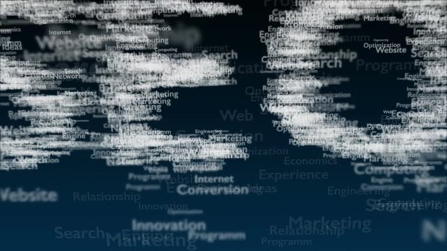 Deep blue background with different words, which deal with Search Engine Optimization. Close up. Copy space. 3D. Animatiom. 4K.