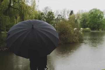 Black Umbrella in the rain. Park visible in background