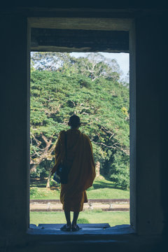 Back view of monk standing in arch of ancient temple and looking at garden on sunny day