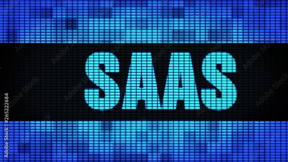 Poster saas front text scrolling on light blue digital led display board pixel light screen looped animatio