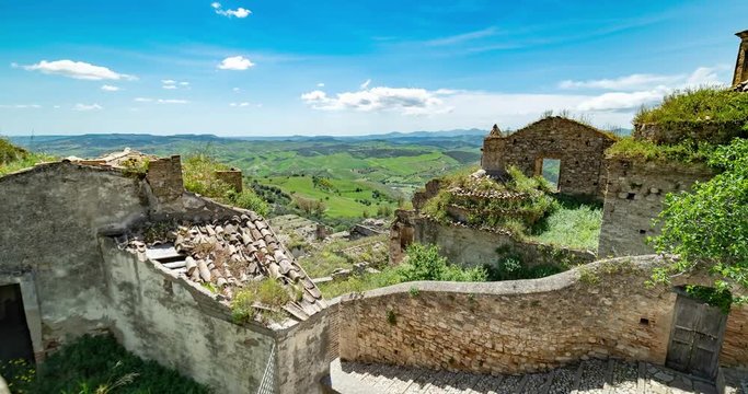 Craco, Matera, Basilicata, Italy. Time lapse of the famous ghost abandoned town in Italy