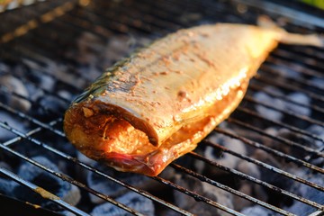 Grill fish fire mackerel food,  barbecue.