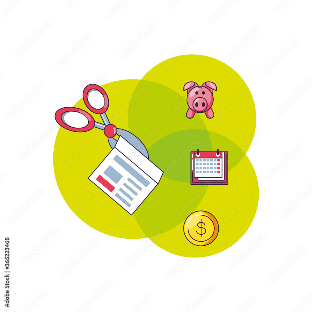 Poster scissors tool with paper and set icons