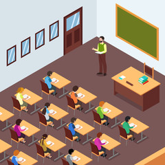 Teacher Student in Classroom in Isometric Illustration