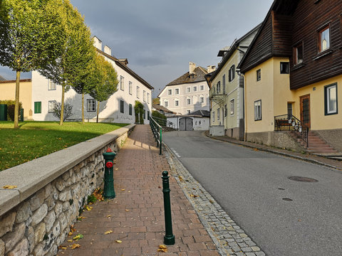 Residential neighborhood on a sunny autumn day. Bad Aussee, Styria, Austria.