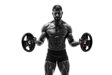 Fototapeta na wymiar Handsome Muscular Men, Bodybuilder Lifting Weights. Black and White Image