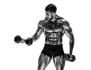 Fototapeta na wymiar Handsome Muscular Men, Bodybuilder Lifting Weights. Black and White Image