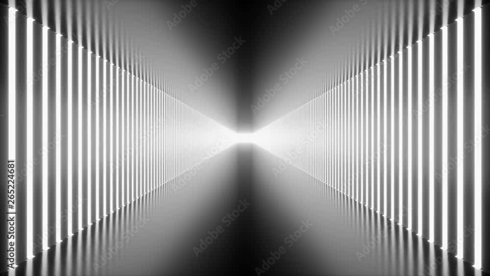 Poster looped 3d animation, seamless abstract futuristic white corridor, tunnel with neon lights. glowing l