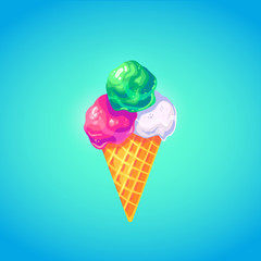 Cute ice cream in bright cartoon style. Symbol of summer vocations.