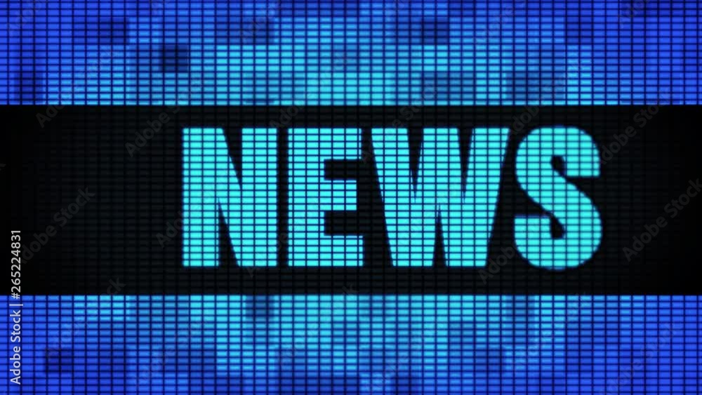 Poster news front text scrolling on light blue digital led display board pixel light screen looped animatio