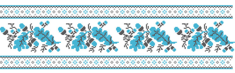 Ethnic design elements for cross-stitch embroidery in Ukrainian traditional style. Blue colors, vector illustration with acorns and oaks leafs