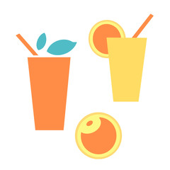Beautiful set with yellow, orange drink and fruits with leaves on white background. Hand-drawn illustration