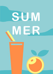 Hand-drawn illustration summer blue clouds background with fresh drink and orange. Relax concept.